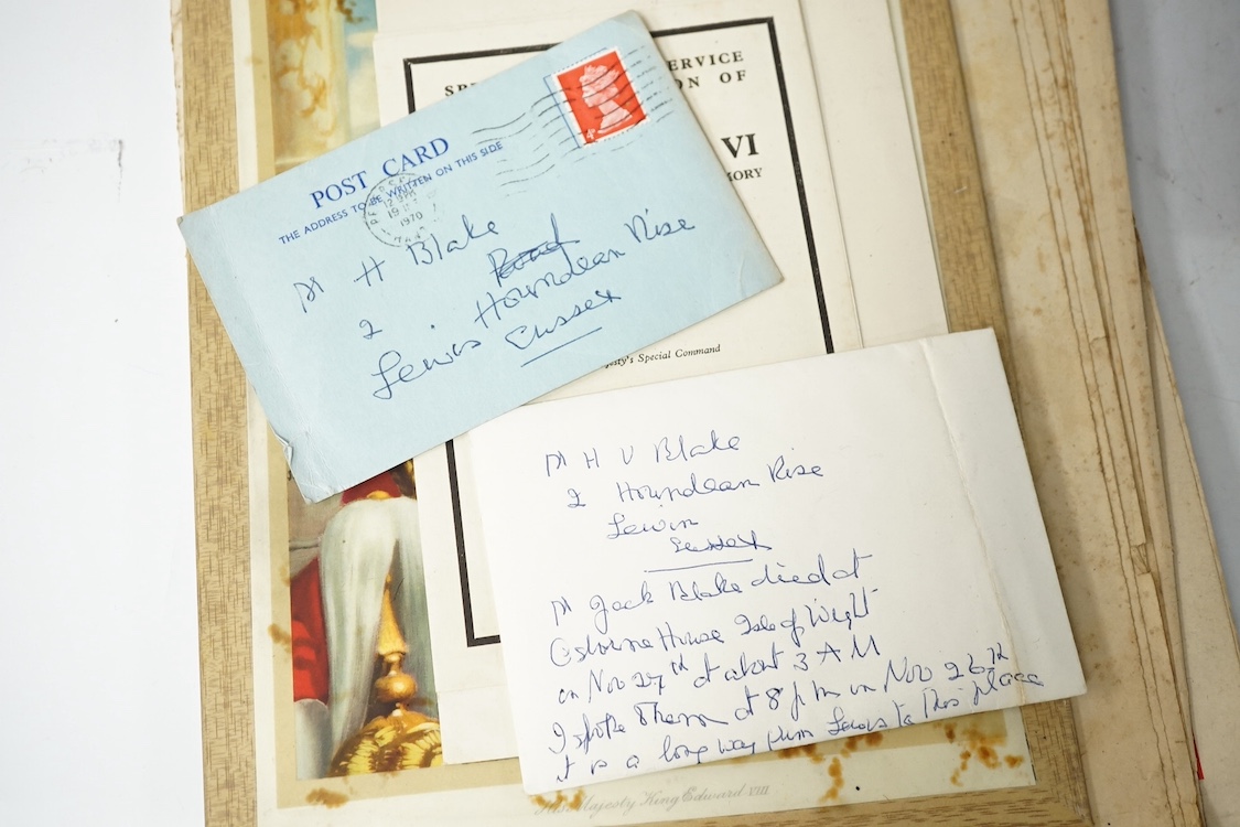 A civilian OBE with ladies bow ribbon, hallmarked for London 1929 in a Garrard’s fitted case, together with a small collection of Royal memorabilia relating to the coronation and death of George VI. Condition - fair, hin